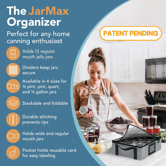 8oz 1/2 Pint Jelly Mason Jar Organizer, Sturdy Pantry Canning Jar Storage Containers, Holds 12 1/2 Pint Mason Jars, Foldable Canning Organizer, Stackable Home Storage Box w/Lid & Label holder