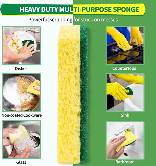HOMERHYME Heavy Duty Sponges, 12 Pack Cellulose Scrub Sponge, Dual-Sided Kitchen Sponge, Multipurpose Sturdy Ergonomic Design for Kitchen Dishwashing, Uncoated Cookware, Sink, and Countertops
