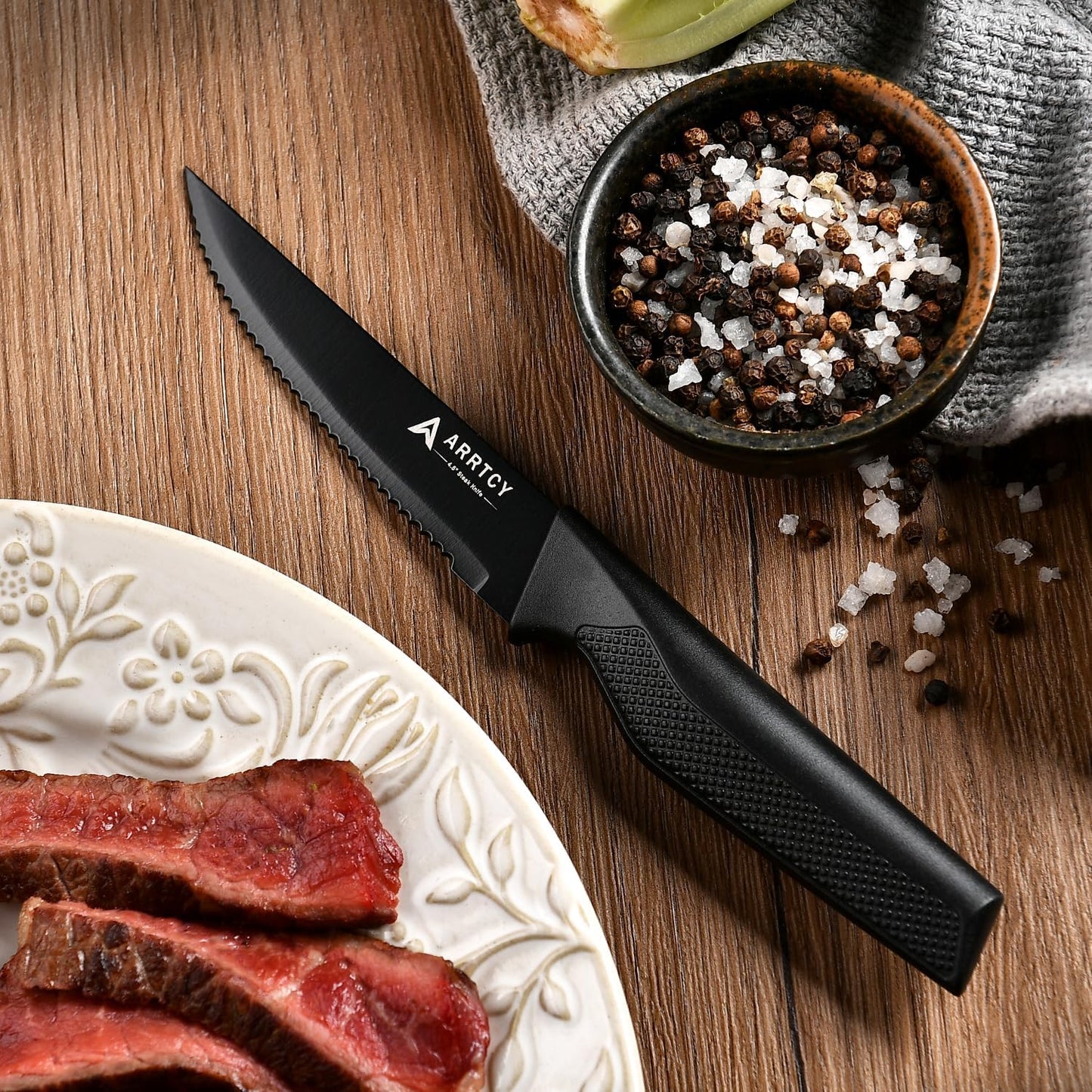 Steak Knives Set of 4 - German Stainless Steel 4.5 Inch Serrated Steak Knives - Ergonomic Anti-Slip Handles - Dishwasher Safe - Elegant Gift for Holidays - Black