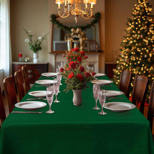 Fitable 2 Pack Faux Linen Christmas Tablecloths, Burlap Textured Fabric Table Cloth Rectangle, Decorative Table Covers for Winter Holiday Dinner Party Farmhouse (Hunter Green, 60 x 84 Inch)