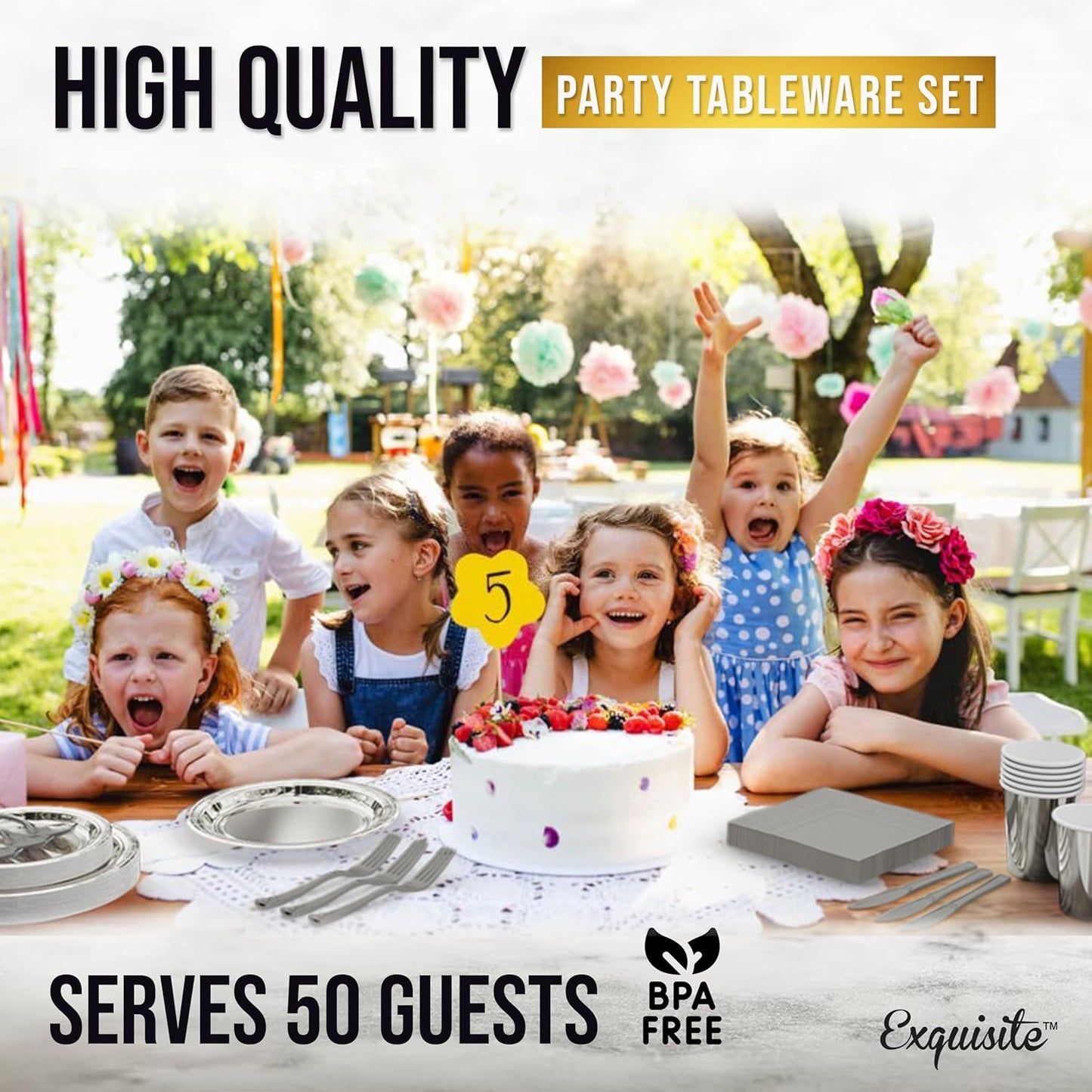 Exquisite 350 Pcs Silver Paper Plates For Party, Silver Disposable Plates Set, 50 Of Each 9" Dinner Plate Set, 7" Dessert Plate, Cups, Napkins & Cutlery Paper Dinnerware