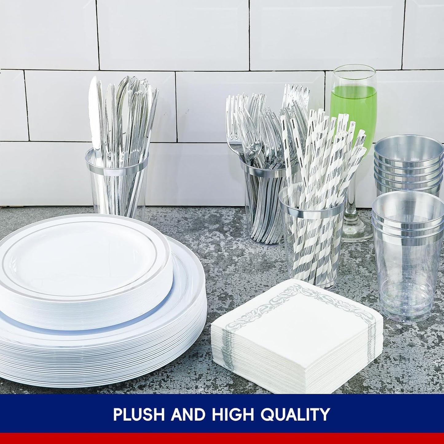 250 Count Silver Disposable Plastic Dinnerware Set, 50 Silver Plates, 25 Plastic Silverware, 25 Cups and Straws, 50 Napkins, Perfect for Wedding Party