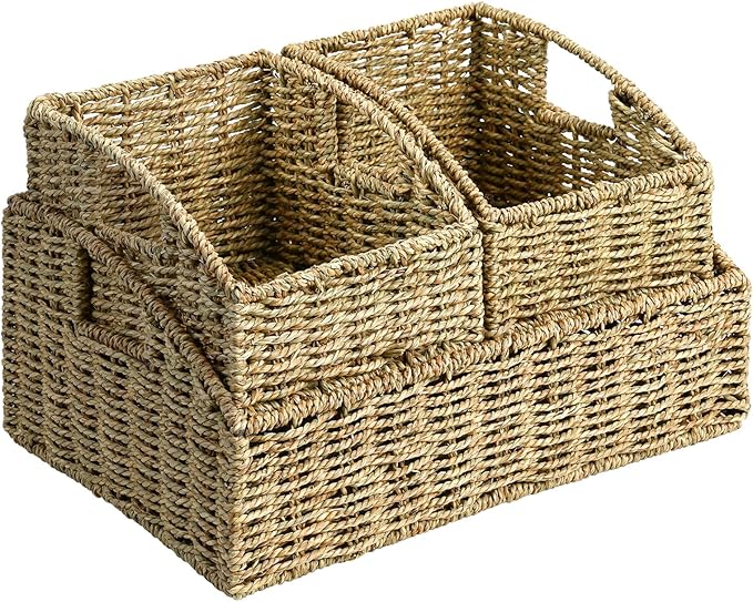 Ollieroo Natural Seagrass Storage Baskets, Handwoven Wicker Storage Bins with Built-in Handles, Storage Container Baskets for Shelves, Bedroom, Bathroom, Laundry Room or Kitchen(Green)