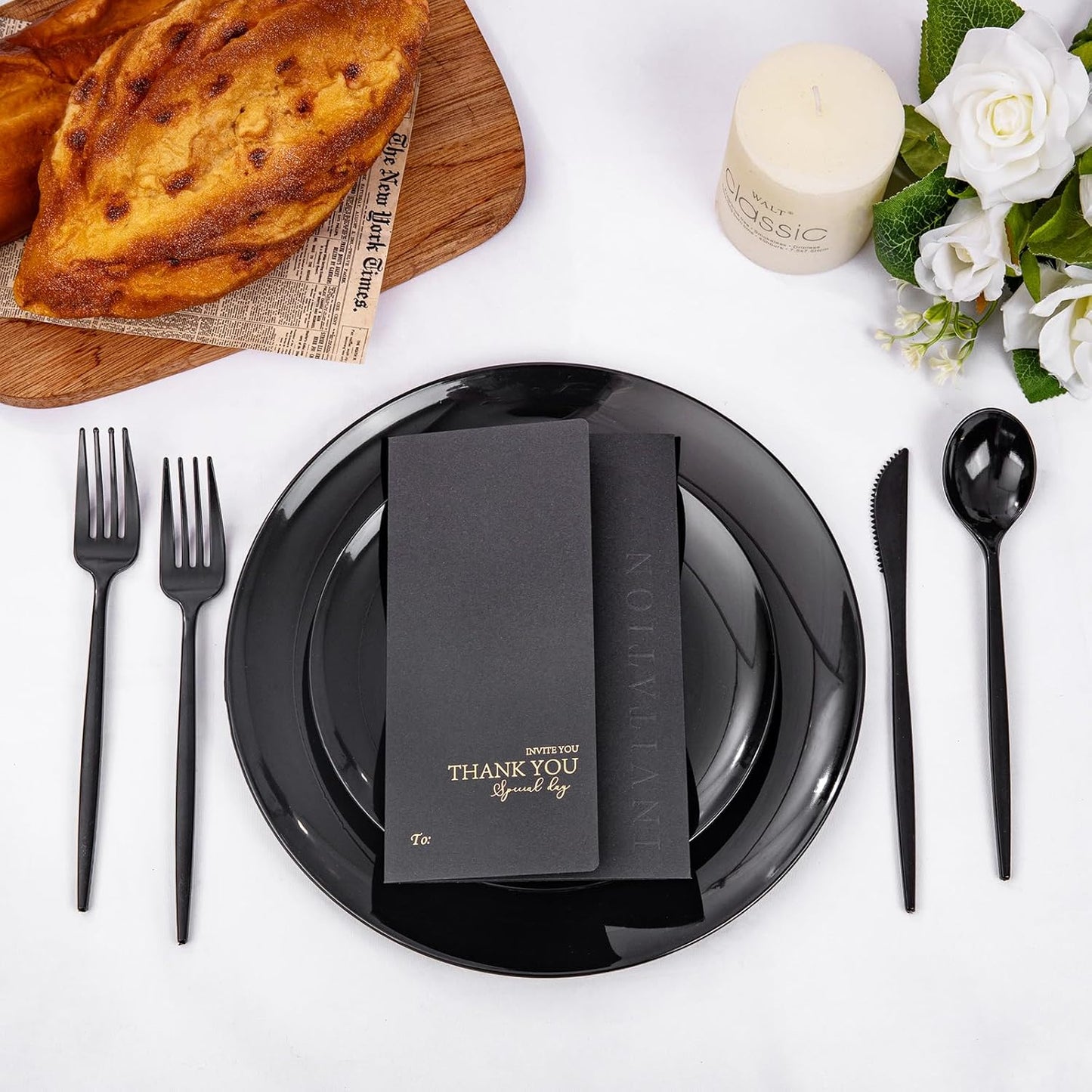 PULOTE 150PCS Black Plastic Silverware Set Disposable - Heavy Duty Black Plastic Cutlery - Black Plastic Utensils Set Include 50 Forks,50 Spoons,50 Knives for Party&New Year