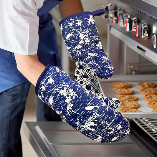 Thumb Oven Mitts, Heat and Slip Resistant Silicone Kitchen Mittens 2-Pack Set, Birds Flower Soft Long Oven Gloves, Flexible Thick Potholders for Safe Baking Cooking and Grilling (Navy)