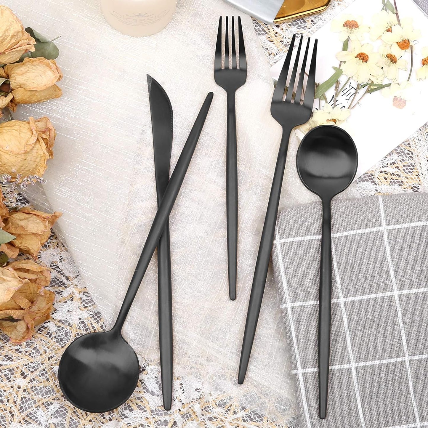 Matte Black Silverware Set 30 Pieces, FAMEWARE Stainless Steel Flatware Set,Service for 6,Kitchen Utensil Set, Tableware Cutlery Set, Satin Finished Polished & Dishwasher Safe
