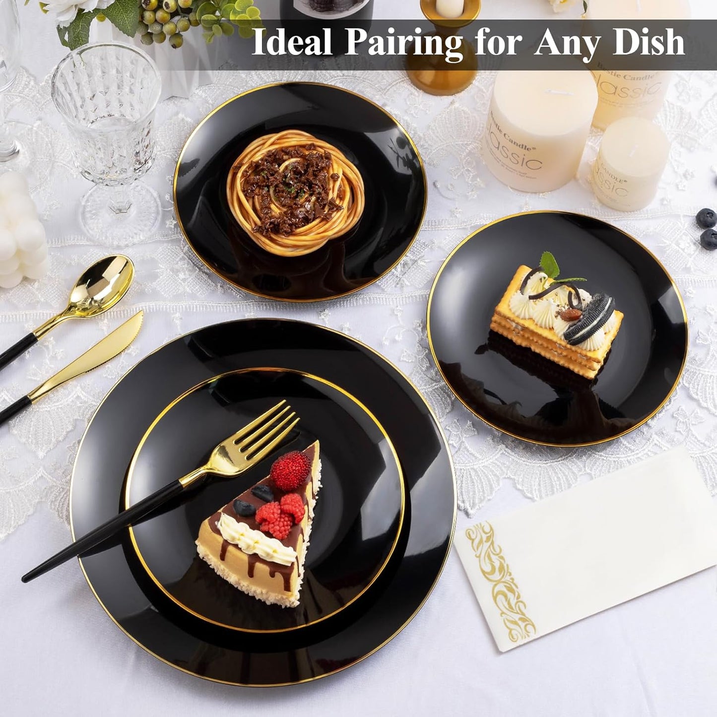 350 Pieces Black Gold Plastic Dinnerware Set, Gold Disposable Plates for Party, Include 100 Black Plates with 150 Plastic Cutlery, 50 Napkins and 50 Cups