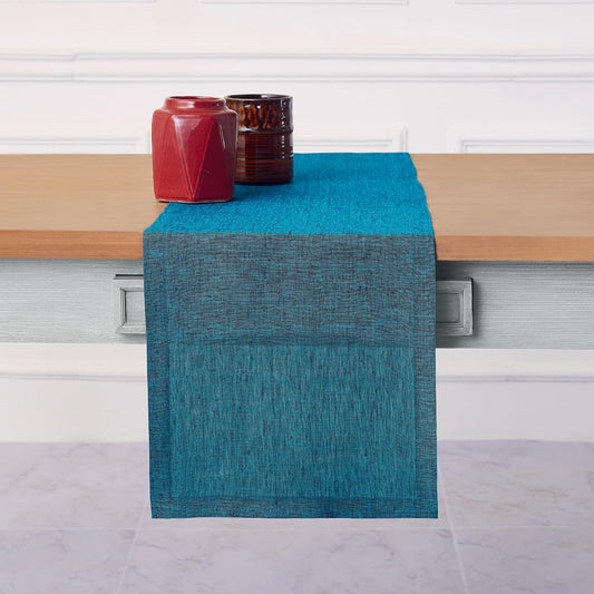 Solino Home Linen Table Runner 90 Inches Long - Athena, 100% Pure Linen Chambray Teal Table Runner 14 x 90 Inch for Dining, Fall, Autumn, Thanksgiving