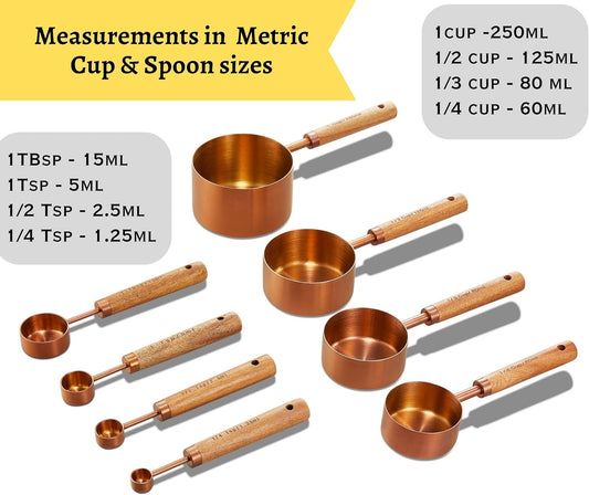 Copper Stainless Steel Measuring Cups and Spoons Set of 8, Wooden Handle with US Measurements, Metric Cups and Spoons for cooking and baking