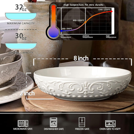 Pasta Bowls, 32oz Salad Bowls Set of 4, White Ceramic Soup Bowls 8 Inch Embossment Large Serving Bowl Wide and Shallow Bowls for Kitchen, Microwave & Dishwasher Safe (Brocade Flower)