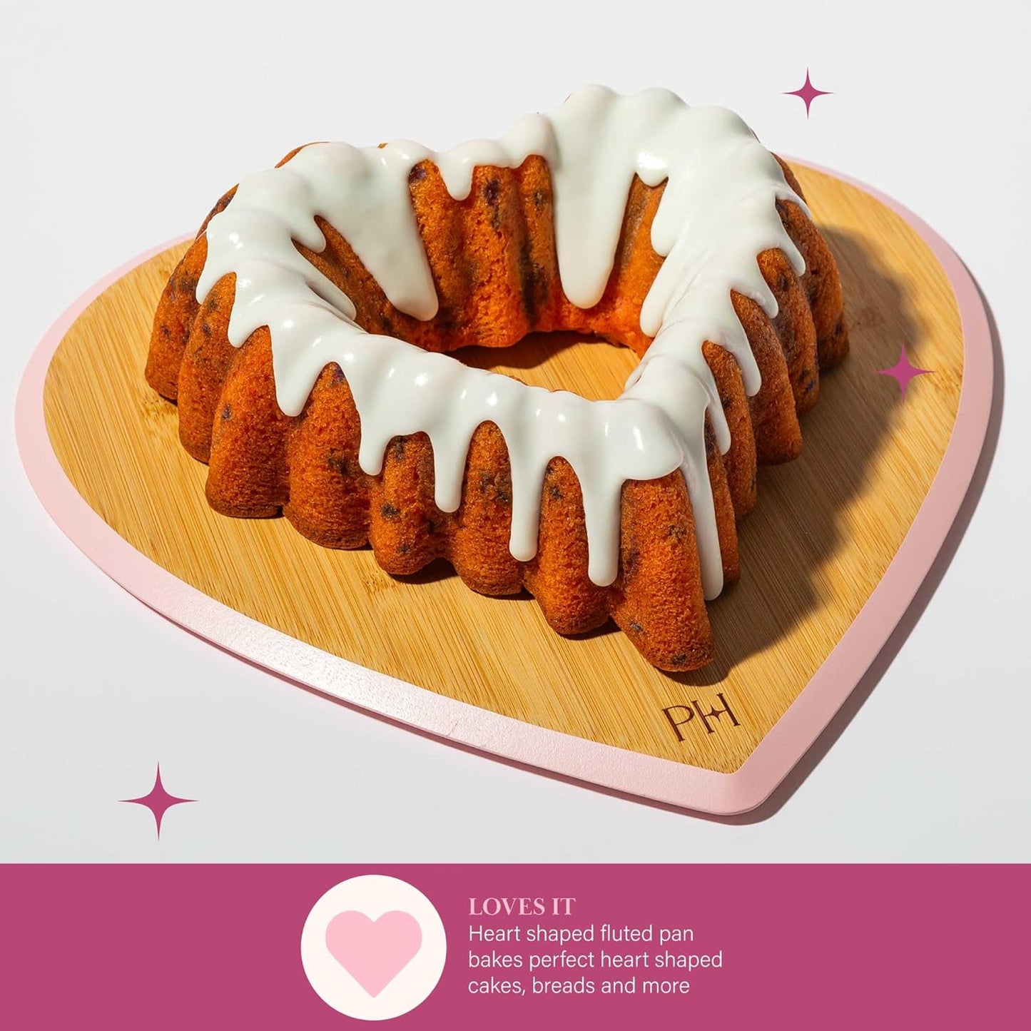 Paris Hilton Heart Shaped Fluted Cake Pan, Cast Aluminum with Clean Ceramic Nonstick Bakeware, Dishwasher Safe, Made without PFAS, PFOA, PFOS & PFTE, 9-Inch, Pink