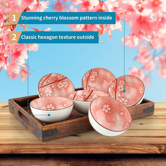 Ceramic Rice Bowls 10 oz, Sakura Bowl Gift Set, Dinnerware Serving Bowls for Rice, Cereal, Noodle, Soup, Desserts, Pack of 6 (Pink)