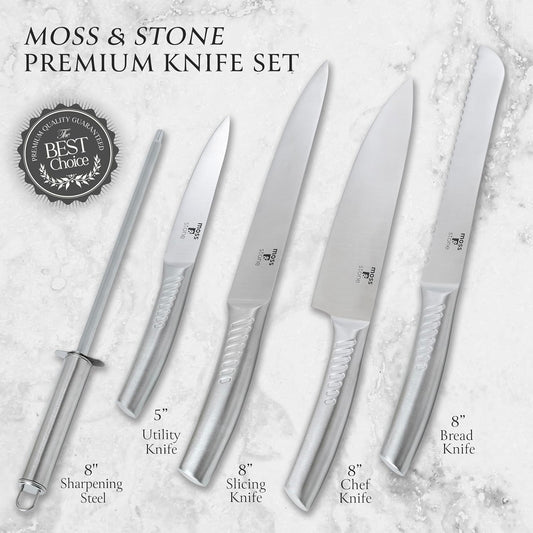 Moss & Stone Professional Kitchen Knife Chef Set, 6 Pcs Small Knife Set With Block, Premium Kitchen Knife Set Stainless Steel, Scratch Resistant & Rust Proof, Knife Block With Sharp Cooking Knives.