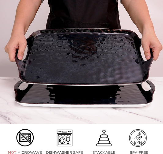 TP Serving Trays with Handles, 19 Inch Large Rectangular Melamine Serving Platter Set of 2, Retro Black