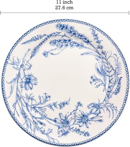 Bico Blue Garden Toile De Jouy Dinner Plates Set of 4, 11 Inch Large Ceramic Plates for Pasta, Steak, Stylish Serving Dishes, Microwave and Dishwasher Safe, Gift for Housewarming and Thanksgiving