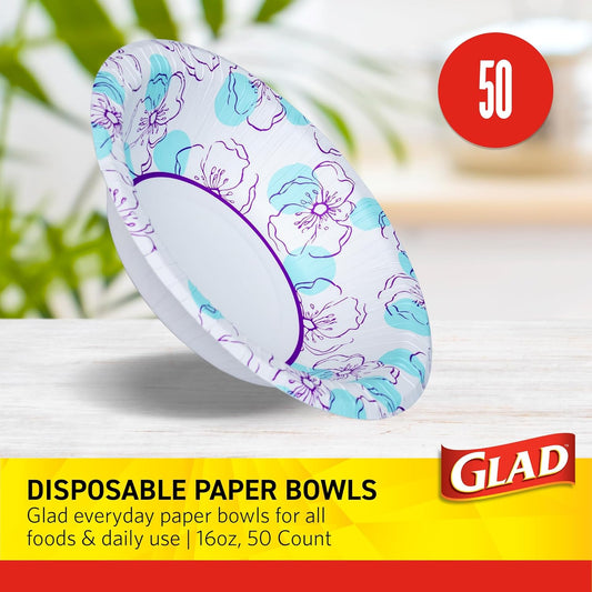 Glad Round Disposable Paper Bowls, Blue Flower Design - Heavy Duty, Soak Proof, Cut-Resistant, Microwavable Bowl for All Foods & Daily Use, 16 Oz, 50 Count