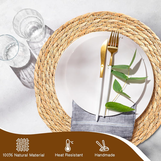 20 Pcs 13 Inch Round Woven Placemats with 20pcs Pearl Napkin Rings,Rattan Placemats Bulk Boho Woven Chargers Natural Water Hyacinth Place Mat for Wedding Party, Dinner Table