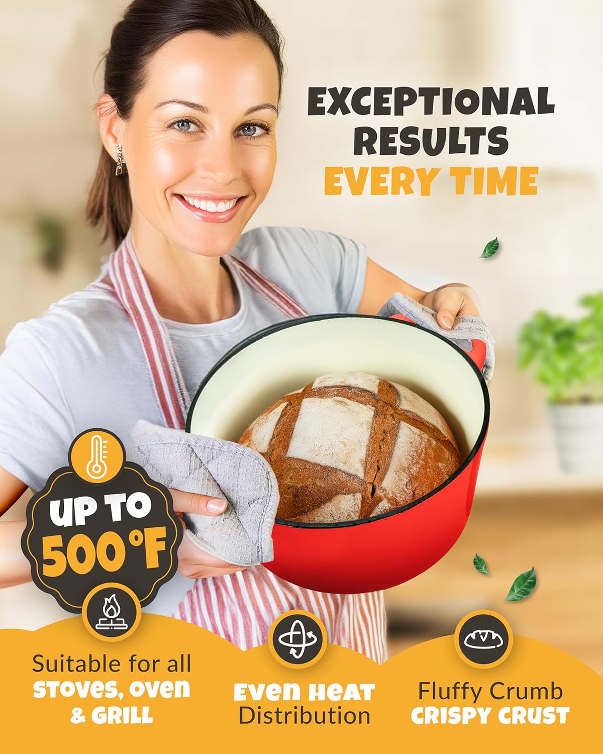 Dutch Oven for Bread Baking - incl. Sourdough Bread-Baking Supplies like Banneton Bread-Proofing Basket - 5QT Enameled Cast Iron Bread-Oven with Lid, Bread-Pan Sour Dough Starter Kit