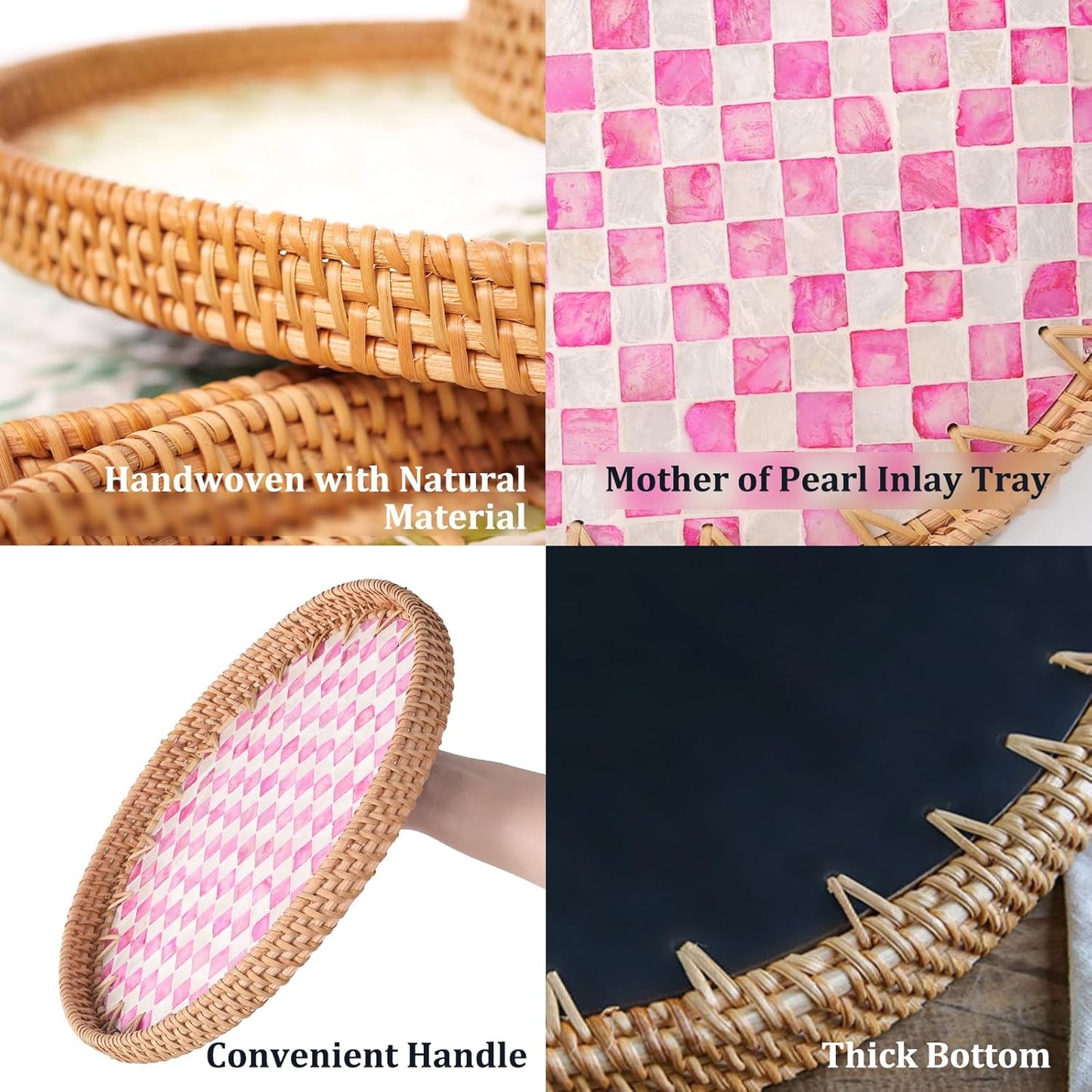 Round Rattan Tray with Mother of Pearl Inlay, Rattan Serving Tray for Coffee, Bread, Fruits, Decorative Wicker Tray for Table Decor, Home Decor, Kitchen Island Decor(Pink Checkerboard, 11.8")