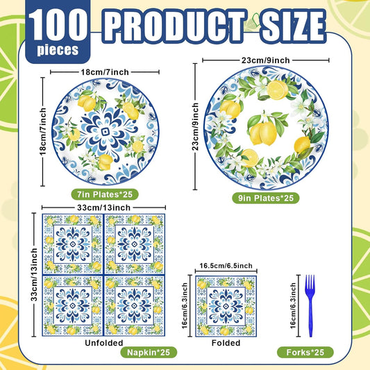 100 Pcs Lemon Tableware Party Supplies – Citrus Theme Blue Tile Disposable Plates, Napkins, and Blue Forks for Summer Parties, Picnics, BBQ, Brunch, Weddings, Birthdays, and Baby Showers – Serves 25
