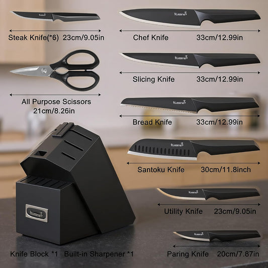KUISINE Chef Knife Set One Piece Molding High Carbon Stainless Steel,Super Sharp Blade Ergonomic Steel Handle,Knife Block Set with Built-in Sharpener(EX Black Pro,15PCS)