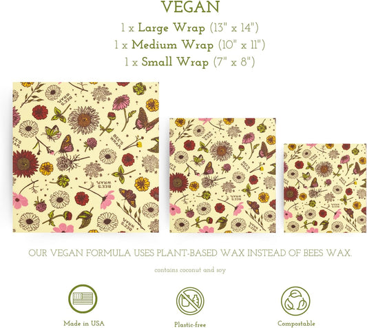 Bee's Wrap Vegan Beeswax Wraps for Food - Made in USA Reusable & Organic Food Wraps, Sandwich Wrap & Bowl Covers - Eco Alternative to Aluminum Foil & Plastic Wrap, Vegan Meadow Magic 3 Pack (S, M, L)