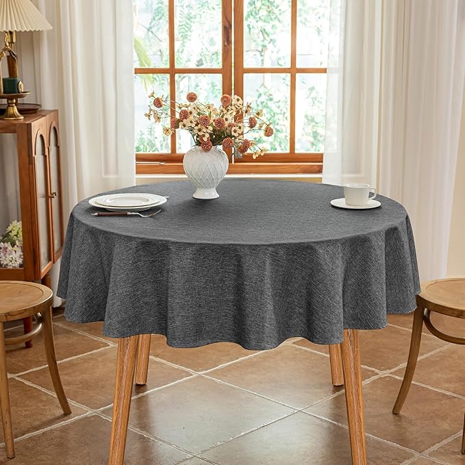 Fabric 60 Inch Grey Round Table Cloth, Faux Linen Textured Stain Resistant & Reusable Circle Tablecloth, Spill Proof for Dinning Kitchen Party