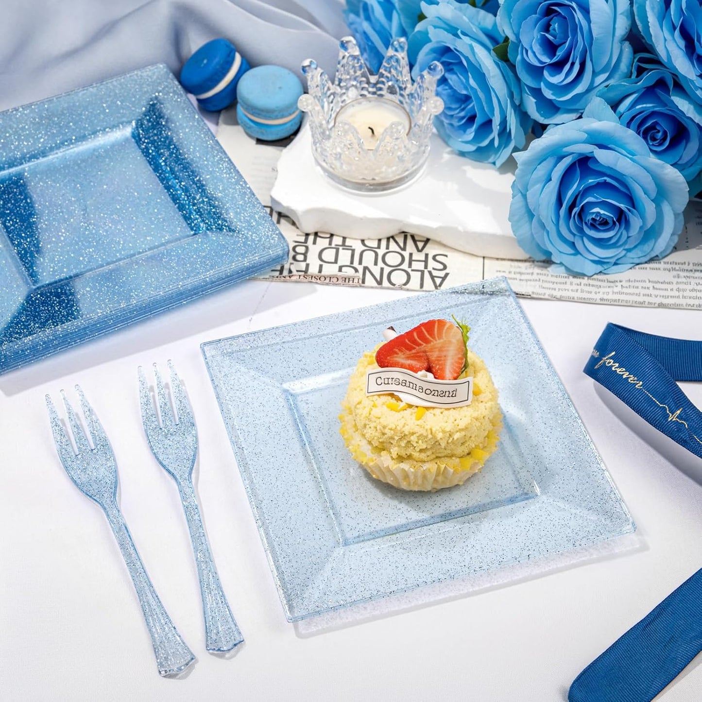 DaYammi 200 Pcs Blue Glitter Dessert Plates Including 100Pcs Appetizer Plates,100Pcs Plastic Forks,Blue Plastic Square Plate for Party,blue Disposable plates and Cake forks for Birthday Party Wedding