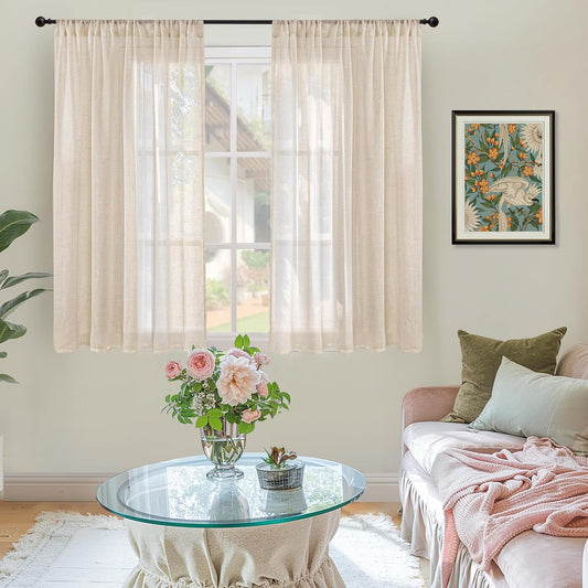 BGment Natural Linen Curtains 54 Inch Length for Short Windows, Burlap Drapes Semi Sheer Light Filtering with Rod Pocket Rustic Lightweight for Living Room, 2 Panels Set, 42 Inch Wide Each Panel