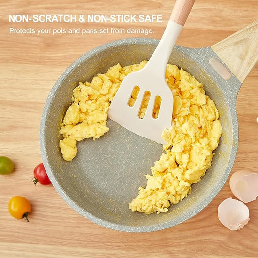 Kitchen Utensils Set - 34 PCS Non-Stick Silicone Cooking Utensils Set with Wooden Handle,Kitchen Gadgets Tools Set for Nonstick Cookware (Cream White-34P)