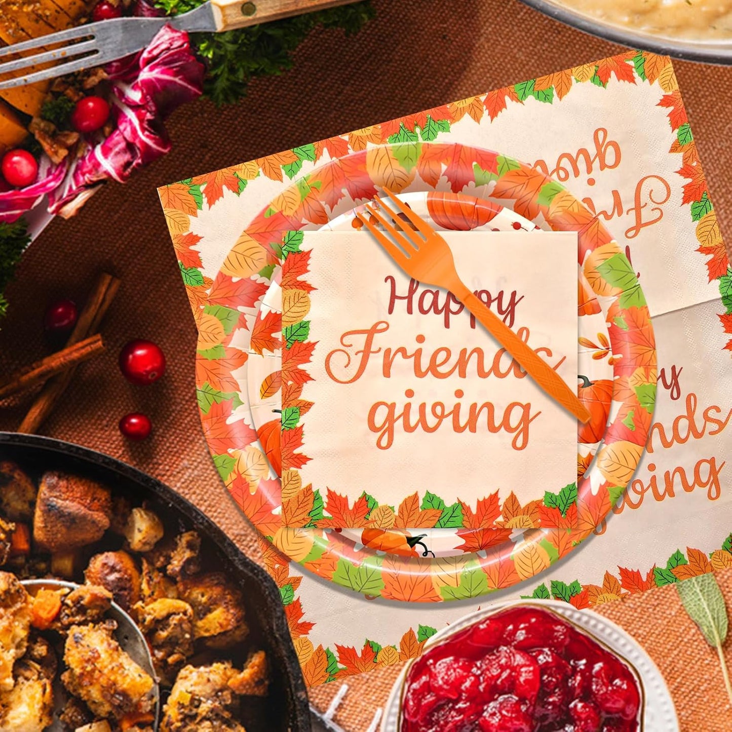 96 Pieces Happy Friendsgiving Tableware Set Party Supplies - Fall Thanksgiving Pattern Disposable Dinnerware with Paper Plates, Napkins, Forks for Autumn Harvest, Friendsgiving Dinner BBQ Picnic