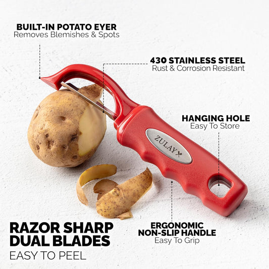 Zulay Kitchen Premium Vegetable Peeler for Kitchen - Swivel Peeler with Razor Sharp Stainless Steel Blades & Strong Ergonomic Handle - Dishwasher Safe, Easy To Use with Blemish Remover - Red