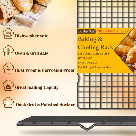 2PCS Cooling Racks for Cooking and Baking -11.65''x16.85''Heavy Duty Stainless Steel Wire Rack for Baking, Grilling, Roasting - Oven & Dishwasher Safe - Fits Half Sheet Pan(Black)