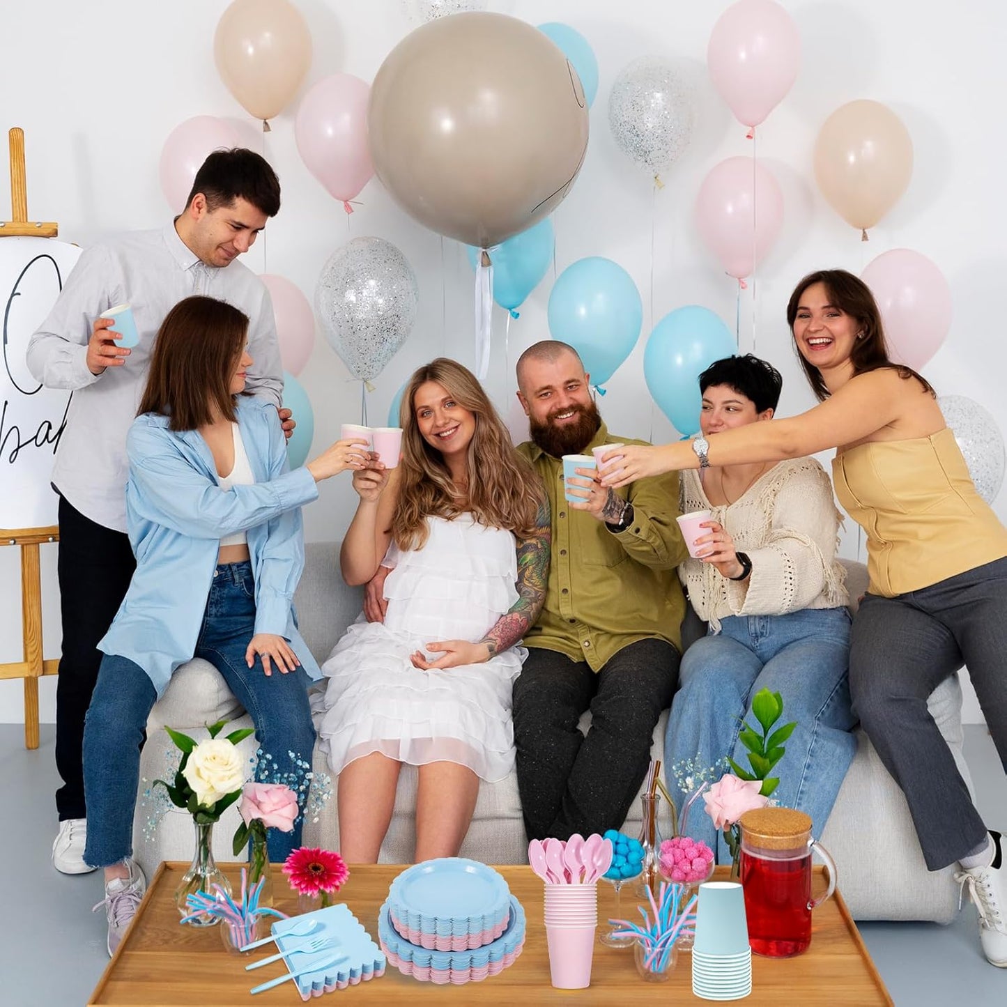 350 Pcs Baby Gender Reveal Plates and Napkins, 50 Guest Boy or Girl Gender Reveal Party Supplies Include Light Pink and Light Blue Plates Napkin Cup Plastic Spoon Fork Knive for Baby Shower