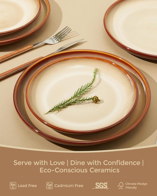 Ceramic Dinnerware Sets for 6, 18 Pieces Stoneware Plates and Bowls Sets, Chip and Crack Resistant Dishes, Dishwasher & Microwave Safe Dishware Sets, Brown Yellow