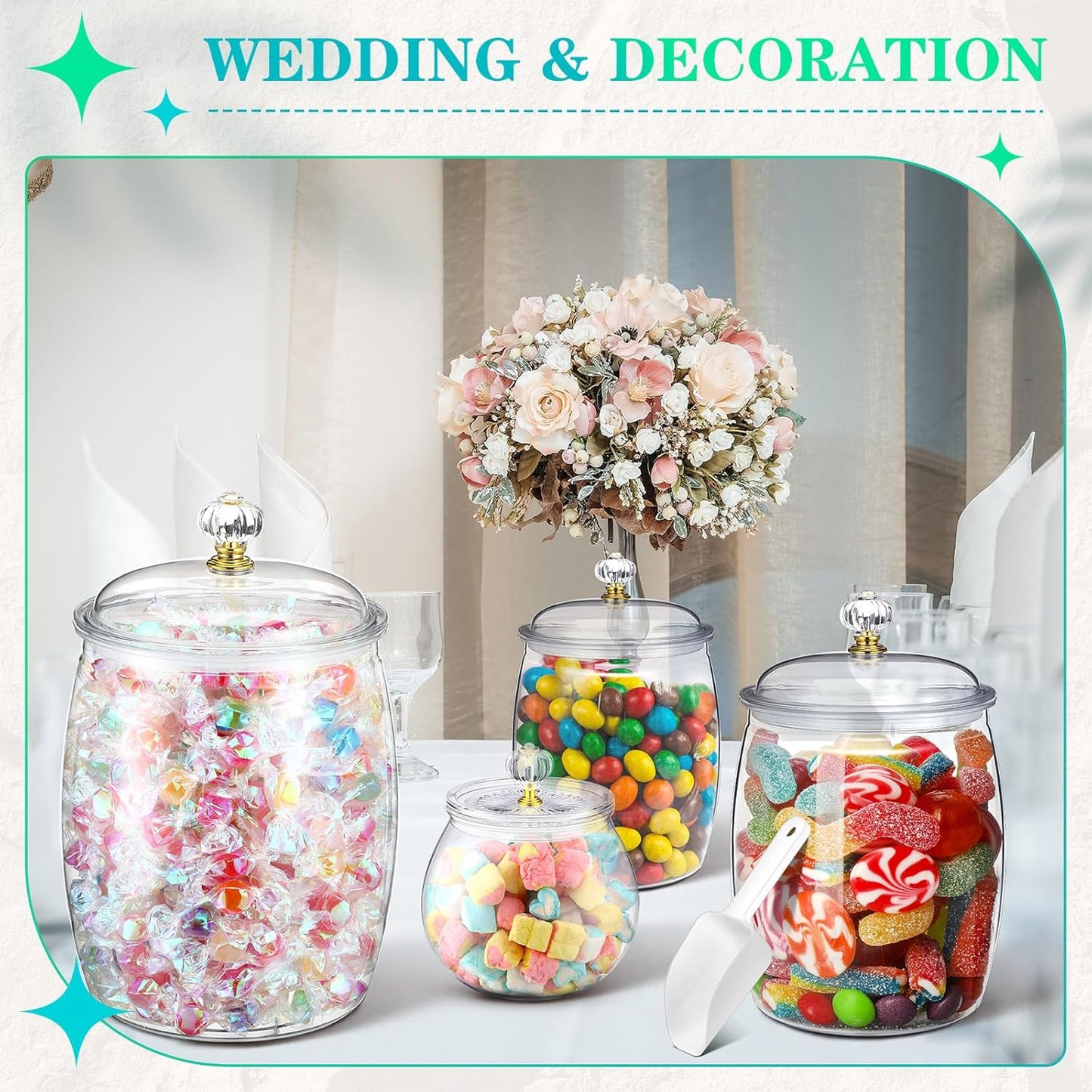 Nuogo 4 Pcs Plastic Candy and Cookie Jars with Lids Clear Cookie Container Candy Jars Large Airtight Apothecary Storage Organization for Wedding Home Kitchen Bar(30/42/64/128 oz)