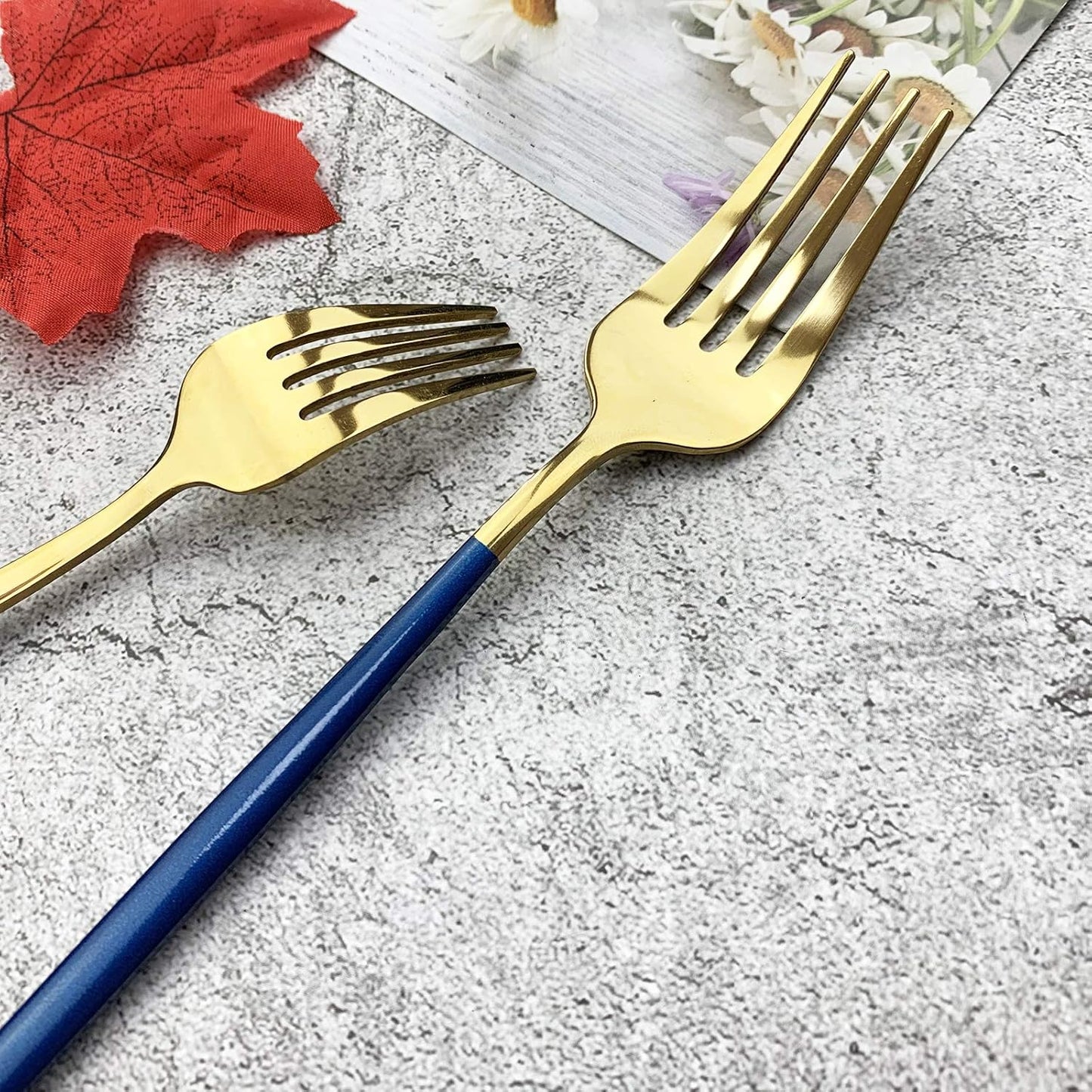 JASHII 18/10 Silver Silverware Set Stainless Steel Flatware Utensils Set Gold Cutlery Set| 24-Piece Modern Cubiertos Dorados| BEST Birthday Wedding Gift (4 sets, Blue Handle Gold Mirror Polish)