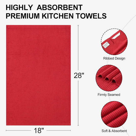 Homaxy Premium Kitchen Towels (18"x 28", 6 Pack), Large 100% Cotton Kitchen Hand Towels, Ultra Absorbent Ribbed Terry Tea Towels Set with Hanging Loop, Red