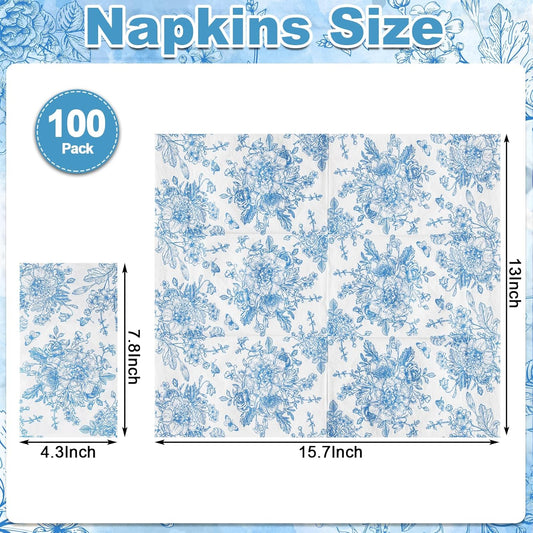 100 Pcs Blue Floral Guest Napkins Disposable Hand Towels for Bathroom Blue and White Paper Napkins Decorative Toile Napkin Chinoiserie Napkin for Wedding, Bridal & Baby Shower, Tea Party