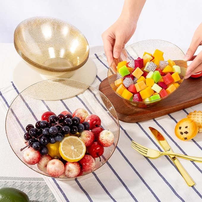 Goodluck 12 Pack Gold Glitter Plastic Serving Bowls for Party - 20 OZ Angled Disposable Serving Bowls for Wedding Party Chip, Candy, Salad & Fruit