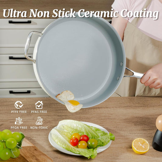 Nonstick Sauté Pan with Lid 5 QT Deep Frying Pan with Stainless Steel Helper Handle 12 inch Large Skillet Ceramic Jumbo Cooker for Healthy Cooking, Induction Compatible Cookware, PFOA Free