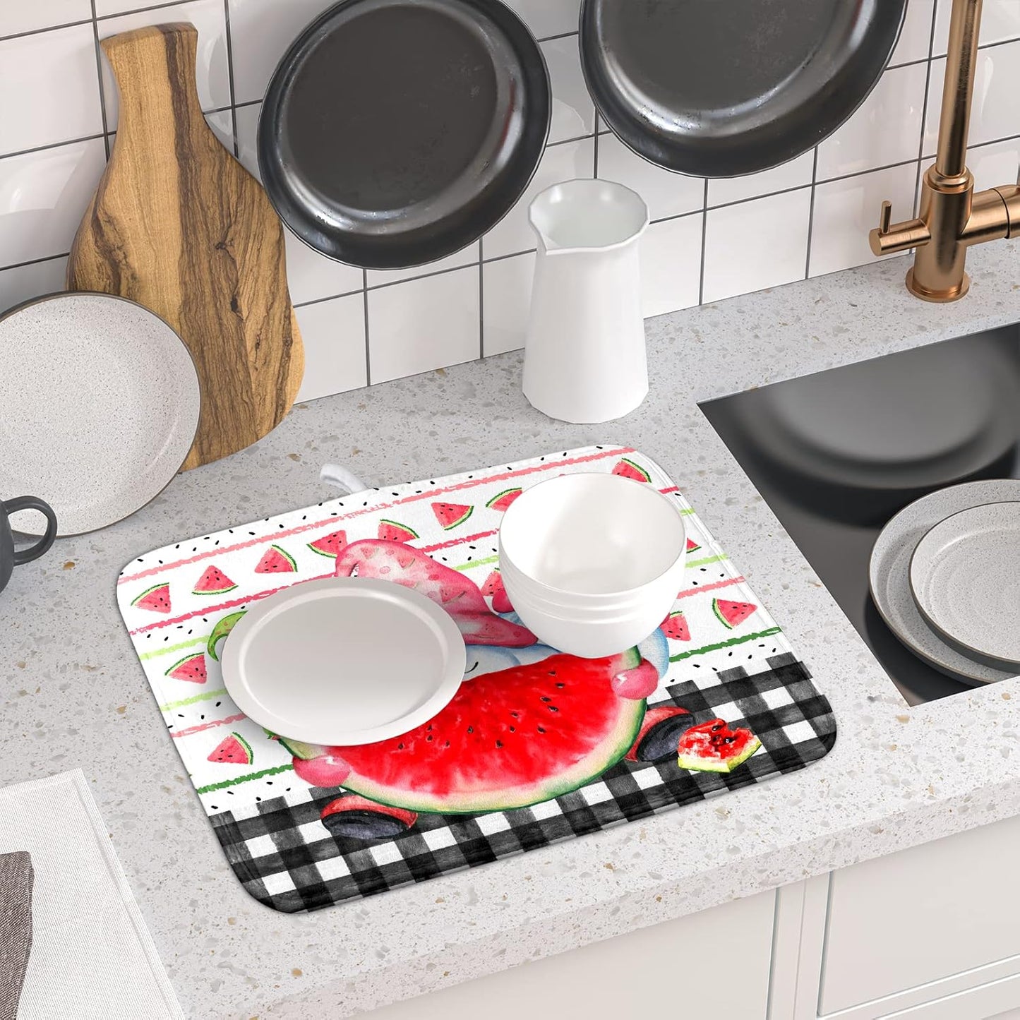 Kawani Gnomes Watermelon Dish Drying Mat for Kitchen Counter, Summer Watercolor Fruit Buffalo Check Quick Dry Absorbent Dishes Draining Mats Reversible Drainer Rack Pad 16 x 18