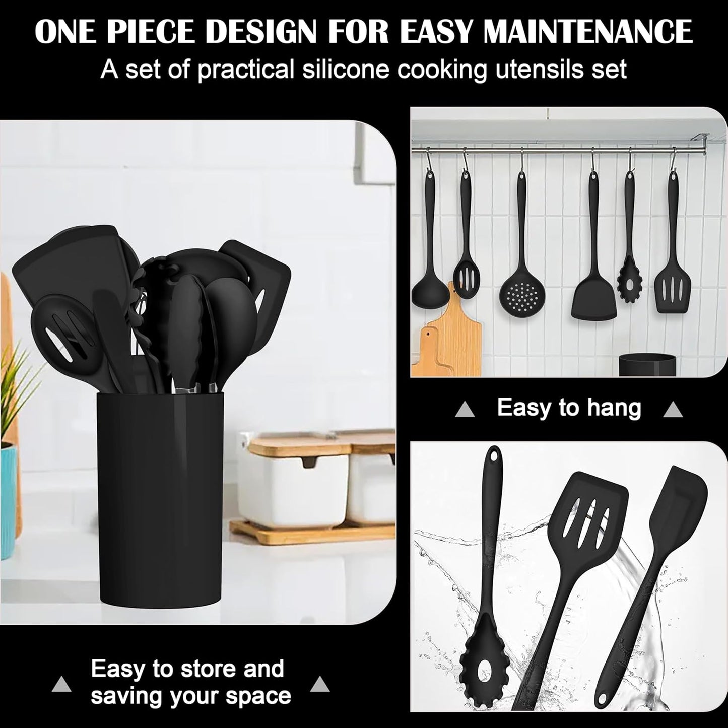 HaWare Kitchen Utensils, 14 PCS Silicone Cooking Utensils Set, Heat Resistant Kitchen Utensils for Non-stick Cookware, Kitchen Gadgets Tools with Spoons, Spatulas, Whisk, Dishwasher Safe (Black)