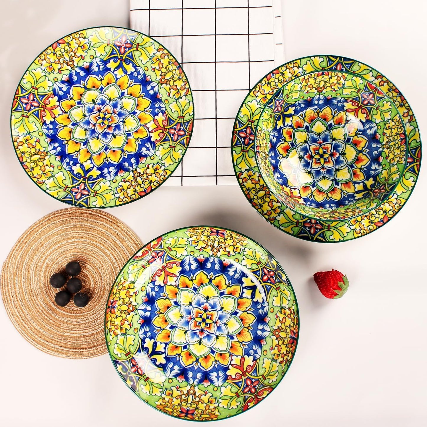 Mandala Dinnerware Sets, Plates and Bowls Set, Porcelain Dishes (12 Pieces) Service for 4, Zanzibar, Bohemian Style Dining Ware, for Kitchen and Dining Multicolor Dinnerware Set