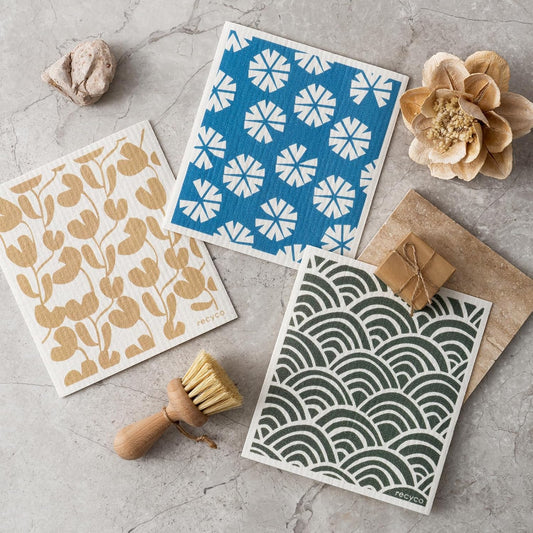 RECYCO Swedish Dishcloths for Kitchen | 6 Pack Wave Washable Dish Rags | Cellulose Reusable Cleaning Paper Towels | Absorbent Counter Dish Cloth Sponge Kitchen Wipes, 8" L x 7" W