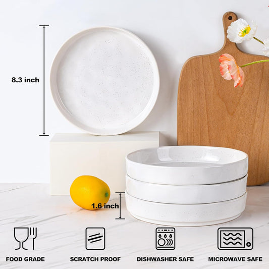 E-far Pasta Bowls Set of 4, 30oz Shallow Salad Bowls for Dinner Serving, 8.25" Stoneware Ceramic Bowl Plates for Noodle Soup, Microwave & Dishwasher Safe, Glossy Porcelain, Speckled White