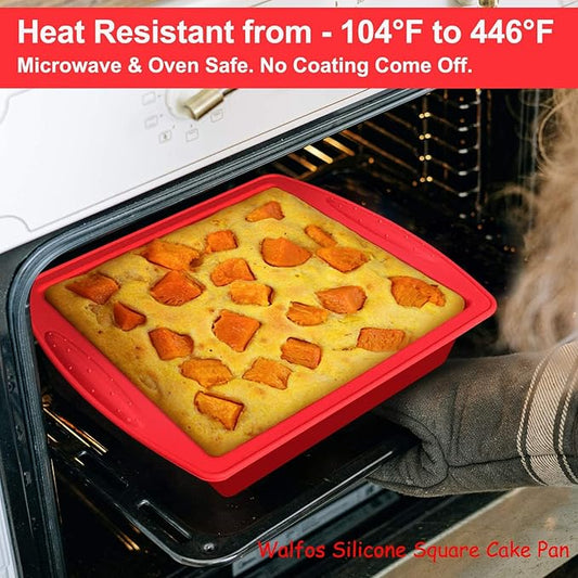 Walfos Silicone Square Cake Pan, 8 inch, Red, BPA Free, Non-Stick, Heat Resistant, Easy to Clean and Store, Ideal for Brownies, Cakes, Bread, Pie, Lasagna, and More