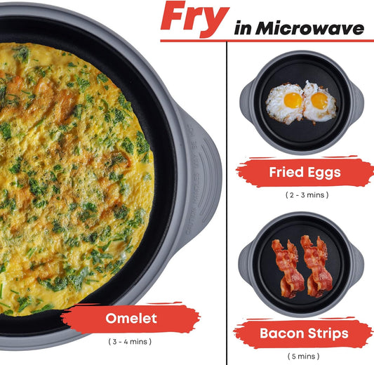 MACONEE Microwave Frying Pan Skillet, Grill & Crisper Pan with Lid Allows You to Fry, Sizzle, and Brown Foods in the Microwave, Micro Cookware for Grilling, Reheating, and Cooking a Variety of Dishes