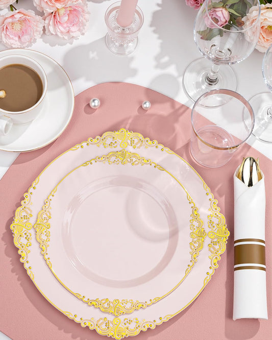 Nervure 700PCS Pink Gold Plastic Plates - Pink Plastic Dinnerware Sets for 100 Guests - 200 Disposable Plates, 300 Silverware, 100 Cups, 100 Napkins for Wedding, Birthday & Party