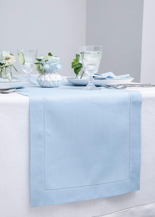 Solino Home Sky Blue Table Runner 90 Inches Long - 100% Pure Linen Hemstitch 14 x 90 Inch Table Runner for Dining, Holiday - Classic Hemstitch